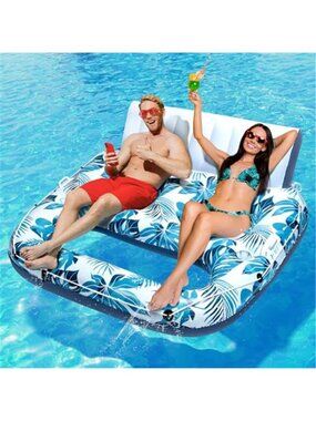 XXL 2 Person Pool Float Inflatable Lounger Tanning Recliner Raft Cup Holder